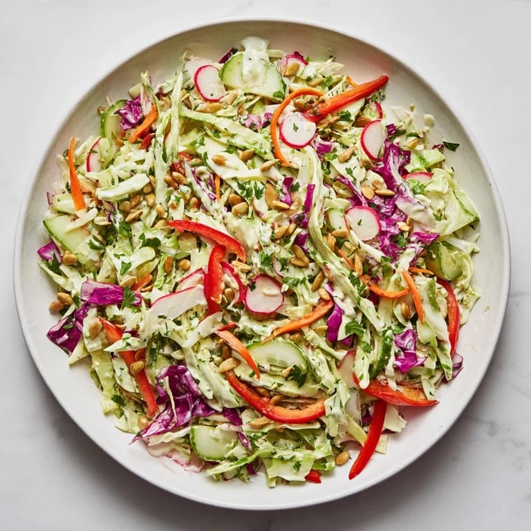 Enjoy a refreshing scoop of flavorful Green Goddess Confetti Chop Slaw, garnished with toasted pumpkin seeds.