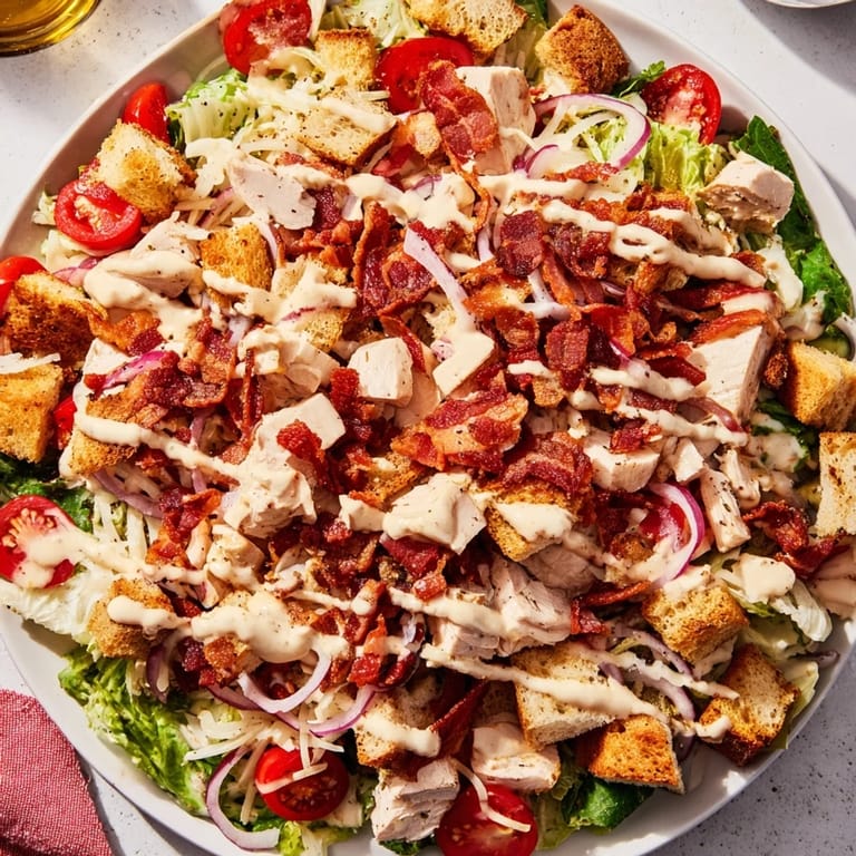 This image showcases a vibrant Costco Chicken Bake Salad Bowl overflowing with flavorful ingredients, ready to eat!
