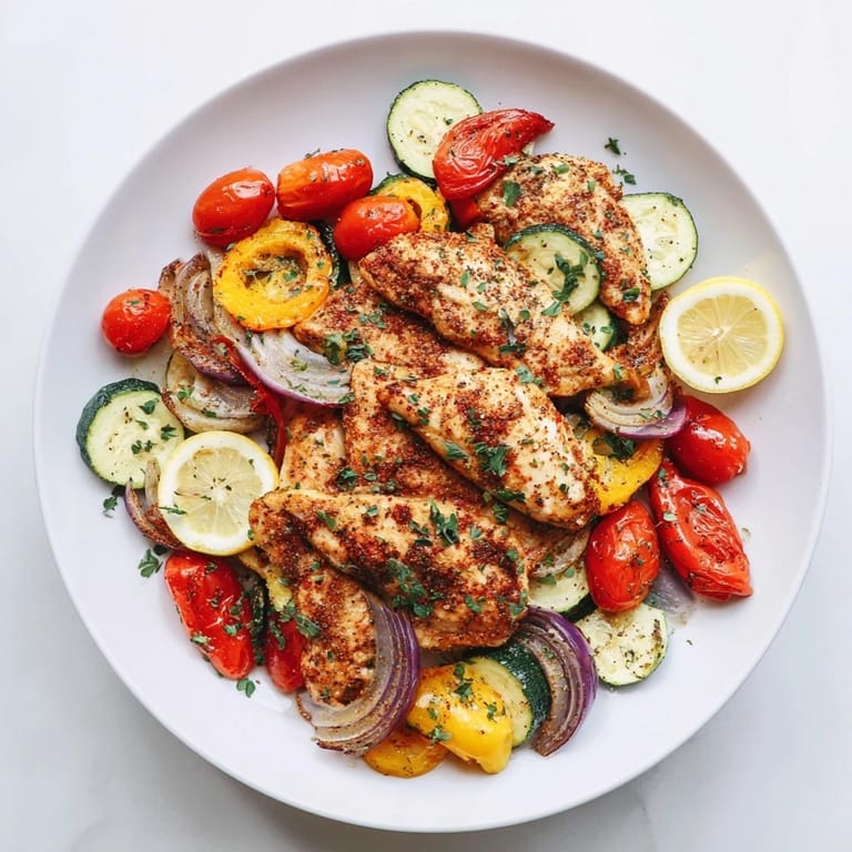 Vibrant sheet pan lemon oregano chicken cutlets, served with fresh herbs and lemon wedges.