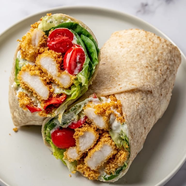 A close-up of a festive Crispy Santa Hat Chicken Caesar Wrap, ready to eat and delicious.