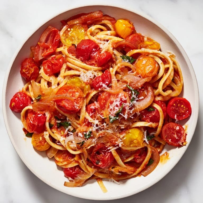 Close-up of perfectly cooked Cozy Fireplace One-Pan Tomato Basil Pasta, ready to serve with wine.