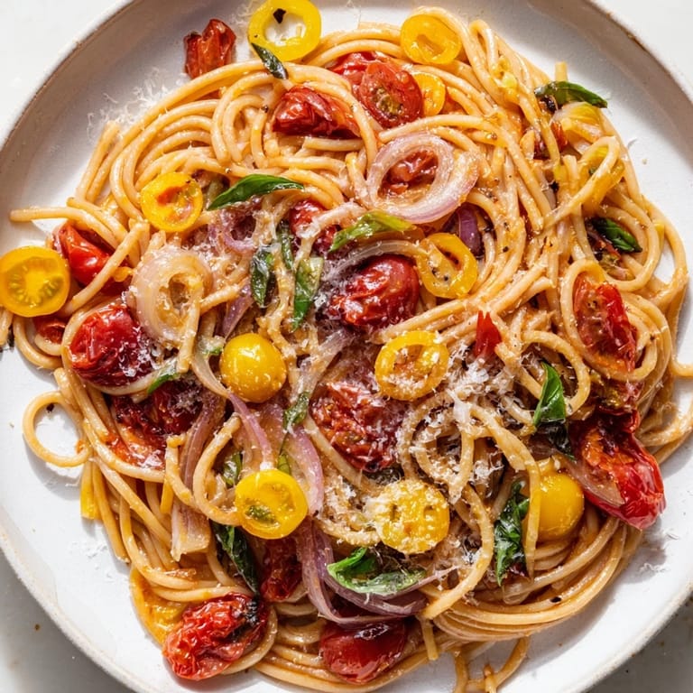 Vibrant image shows the delicious Cozy Fireplace One-Pan Tomato Basil Pasta, perfect for a weeknight meal.