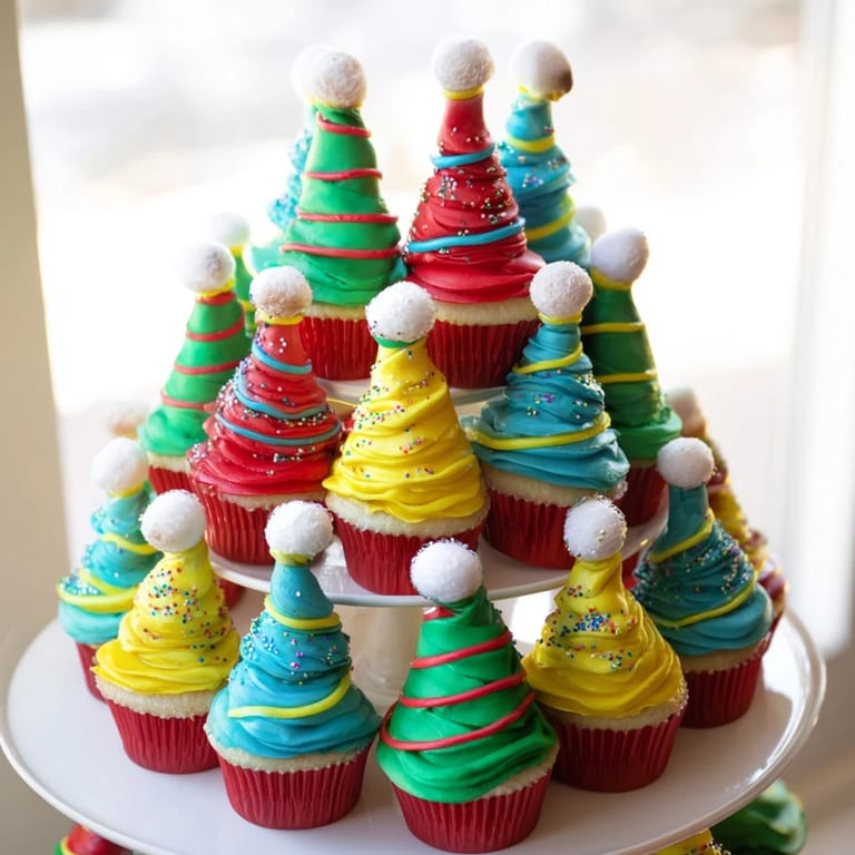 A towering display of delicious Elf Hat Cupcakes ready to bring joy to any holiday gathering.