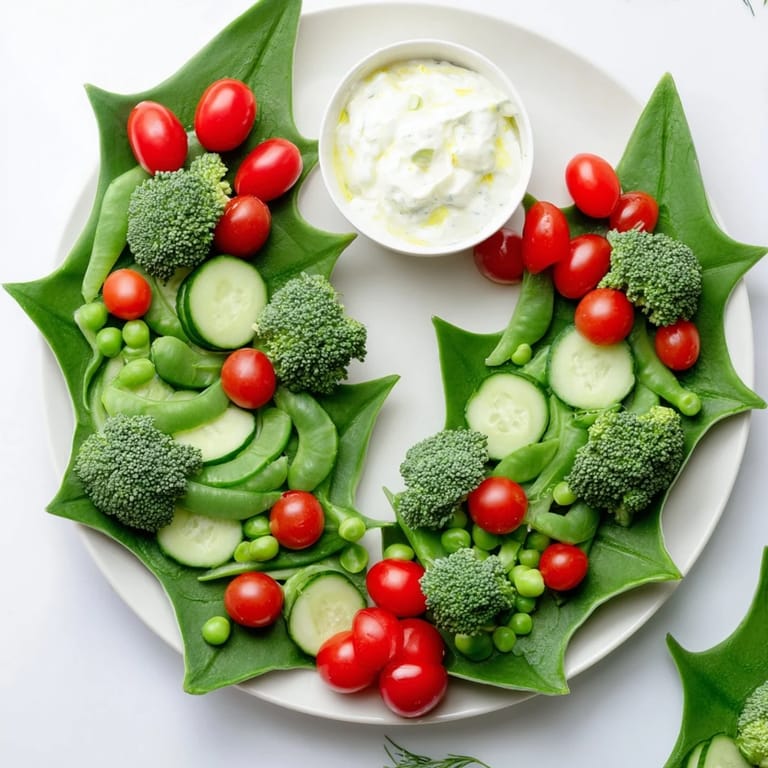 Fresh, crunchy vegetables arranged on a Holly Leaf Veggie Board alongside a creamy dill dip.