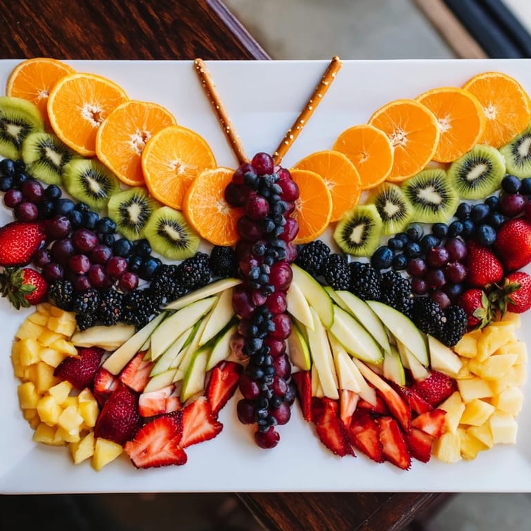 This Monarch Magic Fruit Butterfly Tray features juicy summer fruits perfect for a party appetizer.