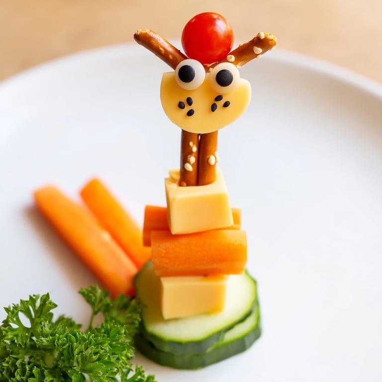 Whimsical Long-Necked Giraffe Snack Towers stand tall with cheese and veggie bodies, visually appealing and tasty to share.