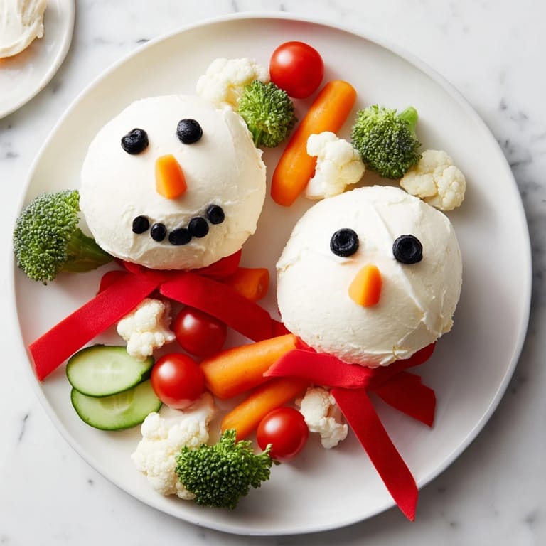 Festive snowman veggie dip platter: creamy snowman surrounded by crisp, vibrant veggie dippers.