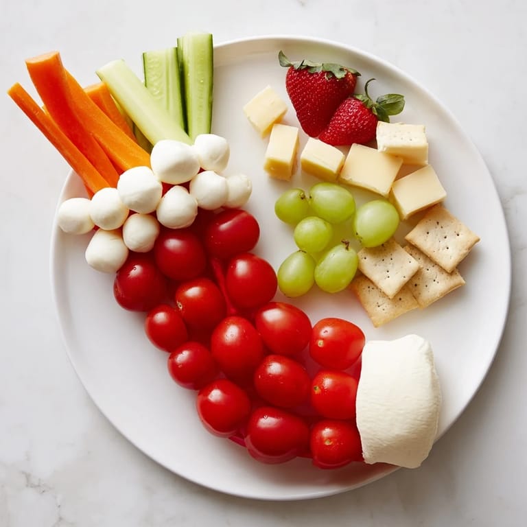 A vibrant Christmas Stocking Snack Tray overflowing with cheese, veggies, fruits, and dips, ready for easy snacking.