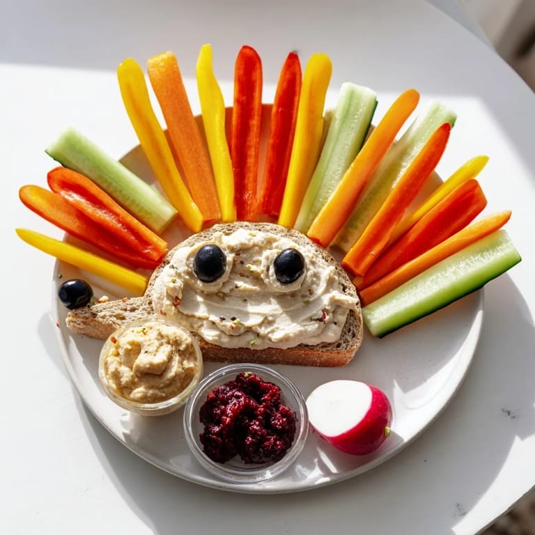 This delectable Autumn Hedgehog Dip Platter showcases colorful dips and veggie “spines,” ready for dipping and enjoying.