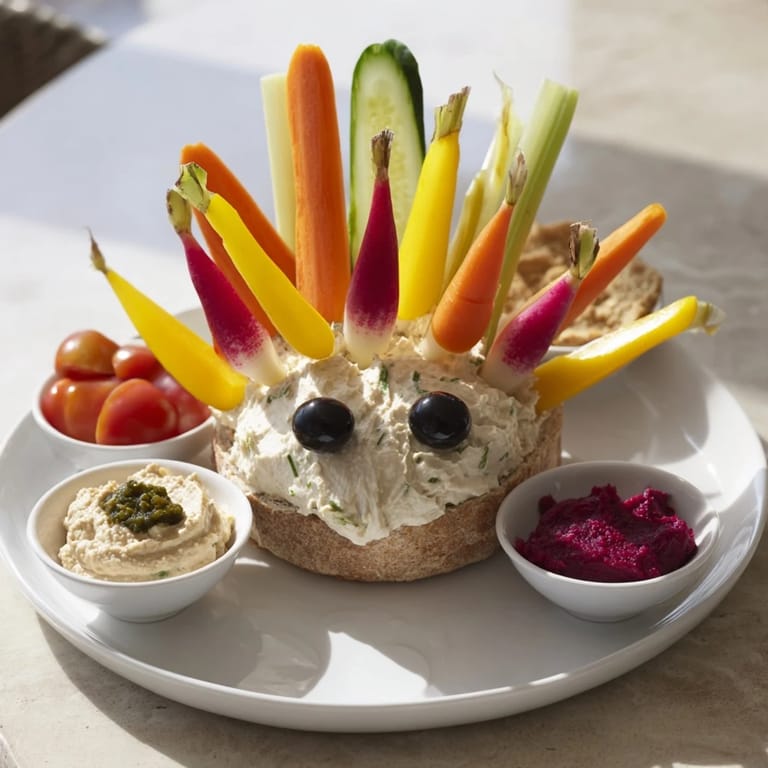 Vibrant arrangement of fresh vegetables creates the inviting, delicious Autumn Hedgehog Dip Platter for a crowd.
