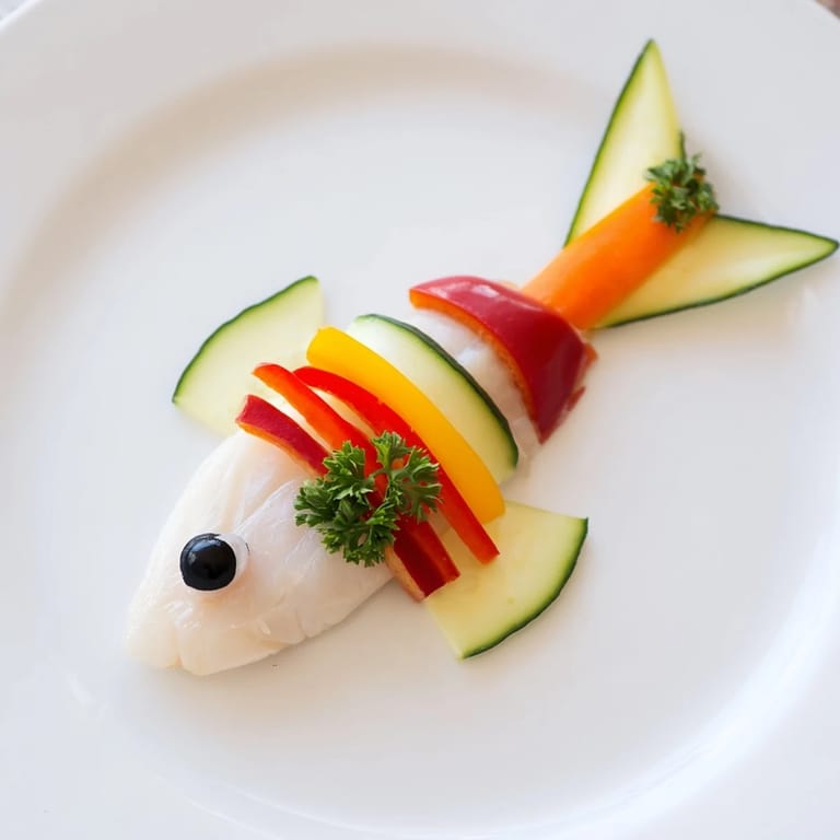 Imagine the vibrant colors of this baked Light Fish-Shaped Meal, complete with carrot and pepper “scales.”