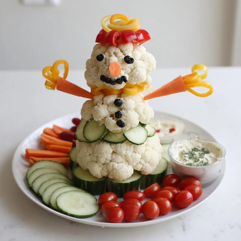 Enjoy a delicious medley: Crunchy Snowman Crudités with Dip alongside creamy, herb-infused dipping sauce.