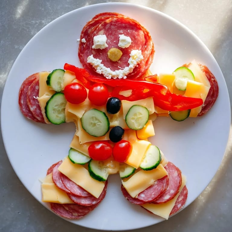 Vibrant Gingerbread Man Savory Charcuterie appetizer with colorful vegetables, cheeses, and meats for holiday fun.