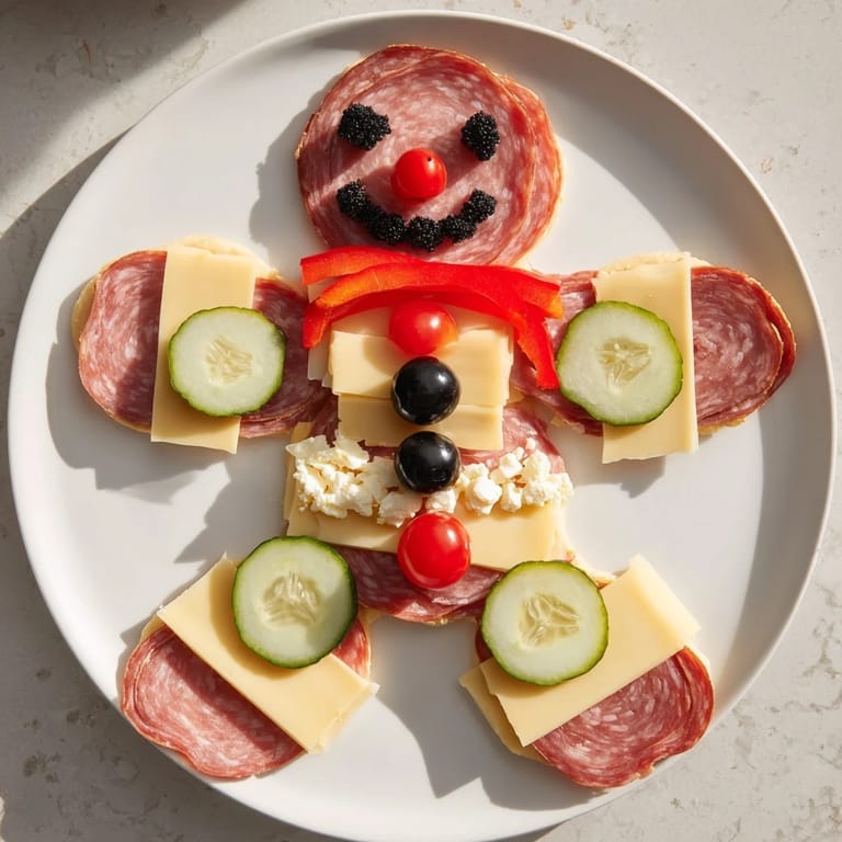 Delicious Gingerbread Man Savory Charcuterie featuring salami, prosciutto, and cheeses alongside gluten-free crackers.