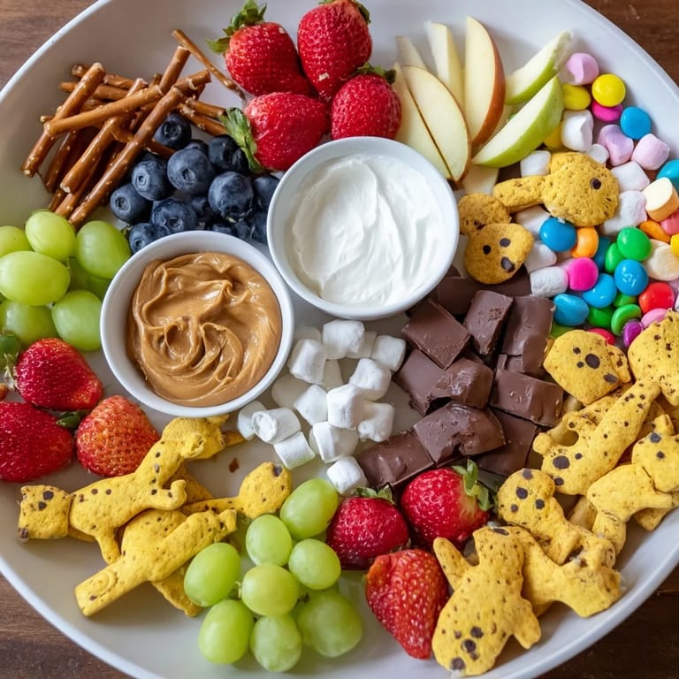 A kid-friendly Animal Cracker Safari Board, teeming with animal crackers, fresh fruit, and treats.