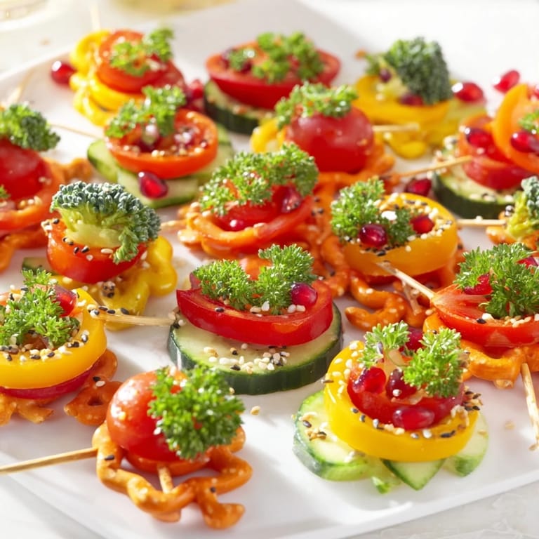 Vibrant Themed Crudités platter showcases red bell pepper ornaments with colorful garnishes and creamy dips.