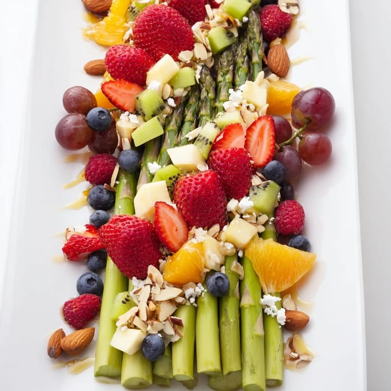 A delightful view of an Asparagus Stem Floral Fruit Board, showcasing a creative, delicious vegetarian snack.