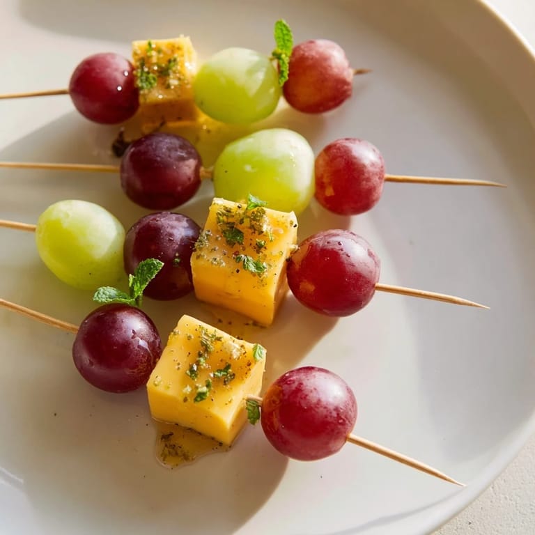 Honey-glazed Sparkling Grape and Cheese Skewers, a delicious appetizer perfect for any celebration.