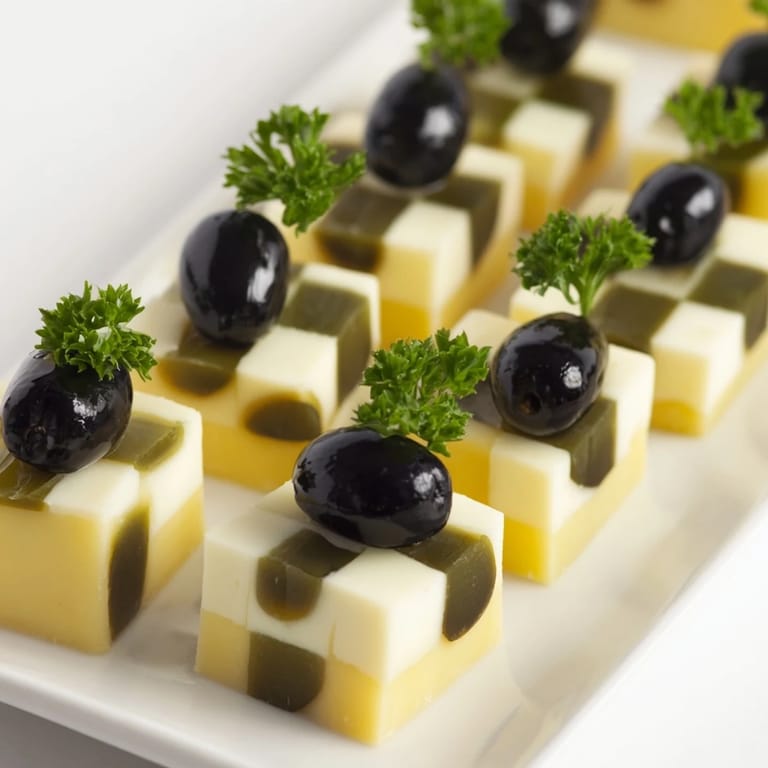 Enjoy a detailed view of the savory Cheese and Olive Chess Board, offering a stunning appetizer visual.