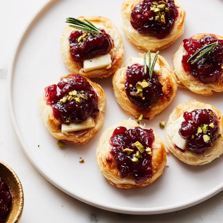 Warm and gooey Mini Cranberry Brie Tart Wreath, a beautiful appetizer with vibrant cranberry topping.