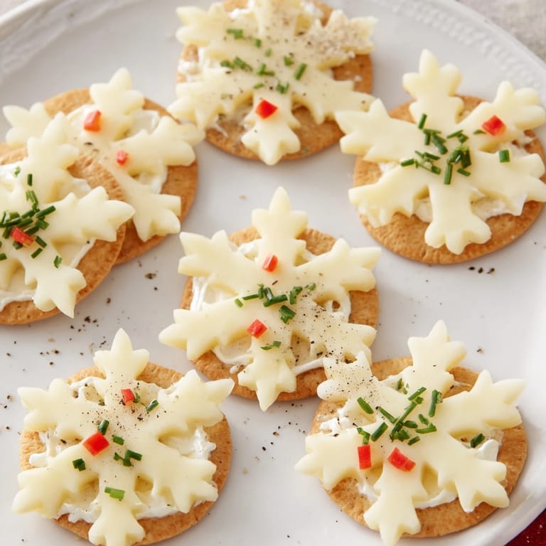 Elegant Cracker and Cheese Snowflake Bites boast a delicate snowflake design atop crispy crackers, perfect party food.