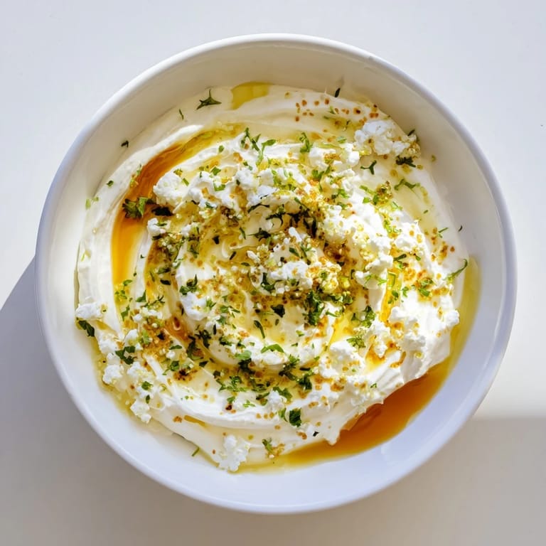 A close-up of the flavorful Angel Wings Whipped Feta Dip with visible herbs and drizzles of honey.