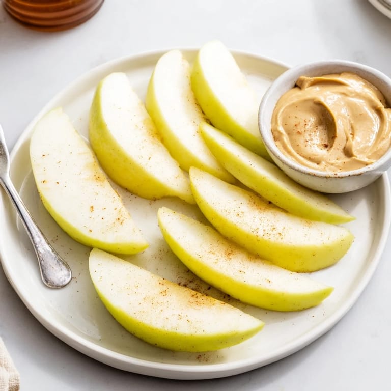 Crisp apple slices with a side of homemade peanut butter dip, a perfect healthy treat.