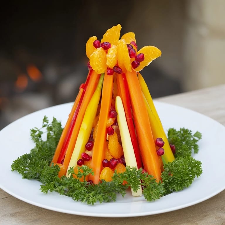 This Bonfire Warmth Centerpiece appetizer features vibrant carrots, peppers, and mandarin segments creating a festive display.