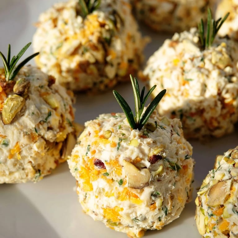Vibrant Holiday Ornament Clusters appetizer platter featuring cheese balls with rosemary "hooks" for serving.