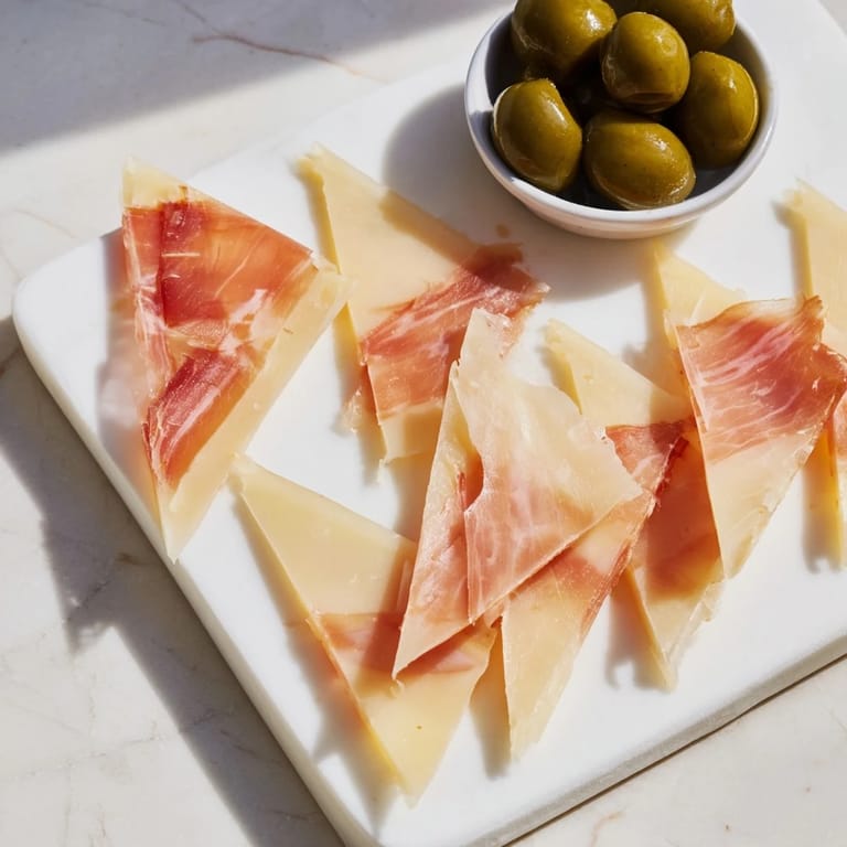 The simple beauty of a Minimalism Master cheese board: savory aged cheese, ham, and olives await.