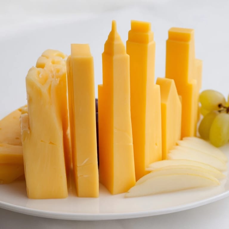 Enjoy a visually striking Skyline Silhouette cheese arrangement with fruit and crackers.