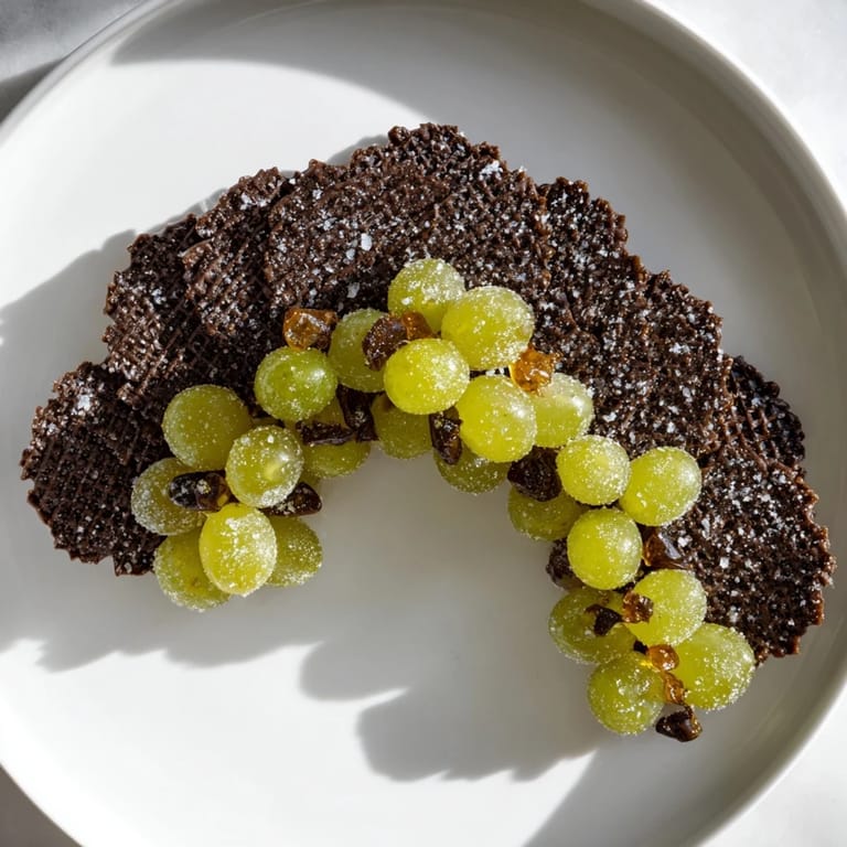 Imagine the "Crystal Cave": juicy sugared grapes hidden inside a dark chocolate cracker cave for a fun dessert.