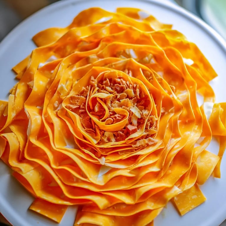 A stunning overhead view of the completed Copper Coil, a colorful appetizer spiral on a wooden board.