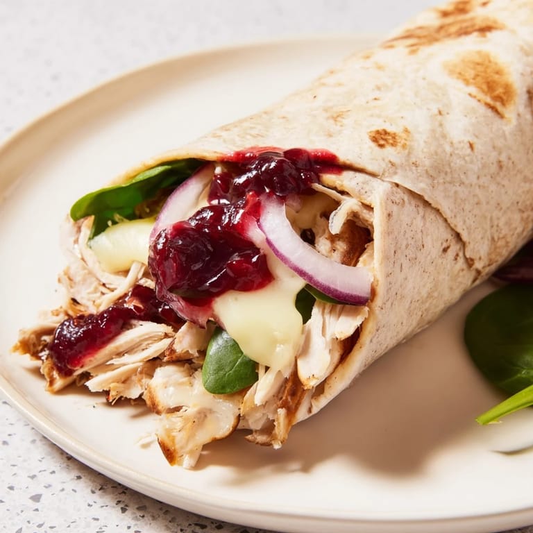 Warm, savory Chicken and Brie Holiday Wrap, perfect for a cozy holiday lunch with cranberry sauce.