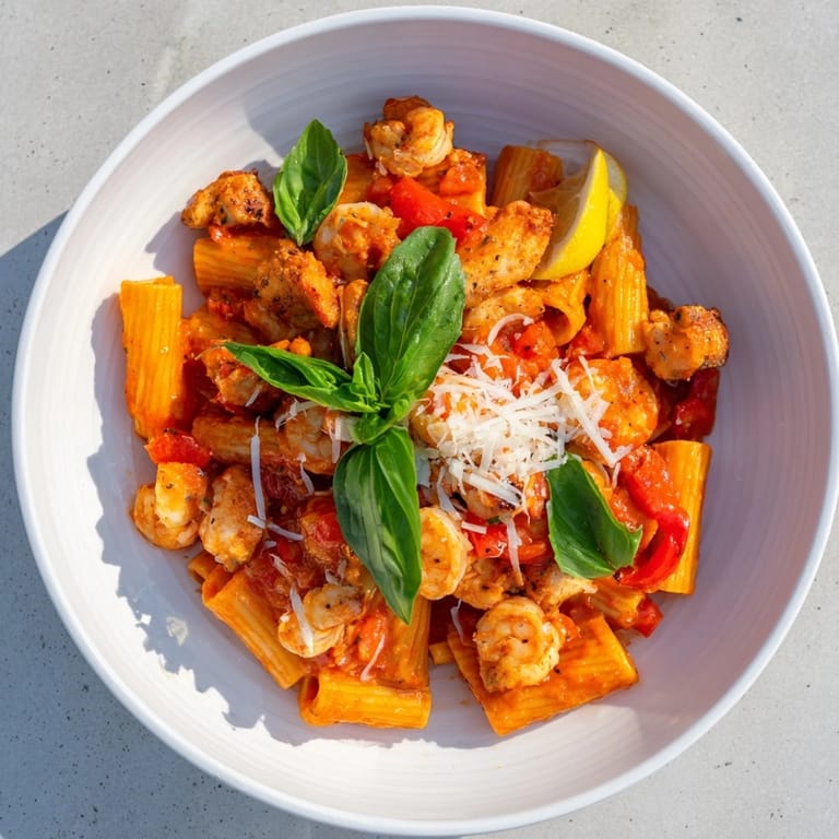 A steaming bowl of One-Pot Diavola Pasta with vibrant shrimp and tender chicken, served immediately.