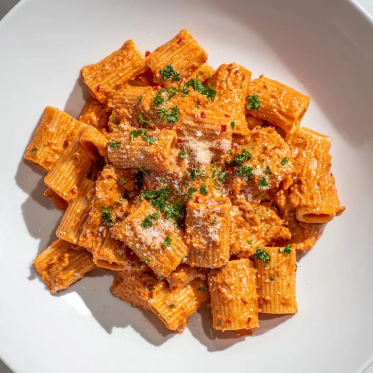 Perfectly cooked Gigi Hadid-Style Spicy Rigatoni: creamy, spicy pasta with Parmesan cheese, ready to serve!