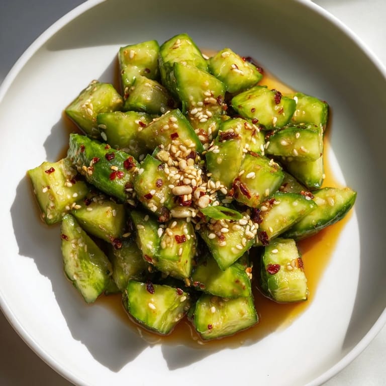 Bright and flavorful Chinese Spicy Smashed Cucumber Salad, ready to be enjoyed with sesame seeds.