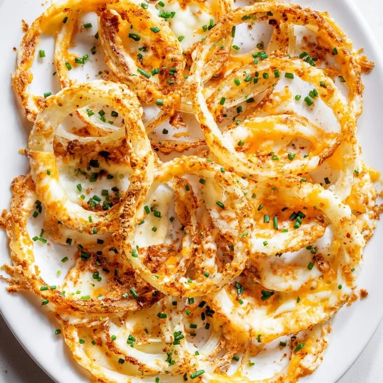 Air-fried Crispy Onion Cheese Chips, showing melted cheese bubbling atop tender, flavorful onion rings.