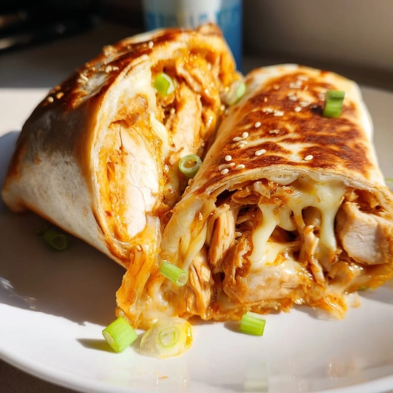 Close-up of a perfectly grilled Korean BBQ Chicken Wrap Grilled Cheese, showcasing melty cheese and tender chicken.