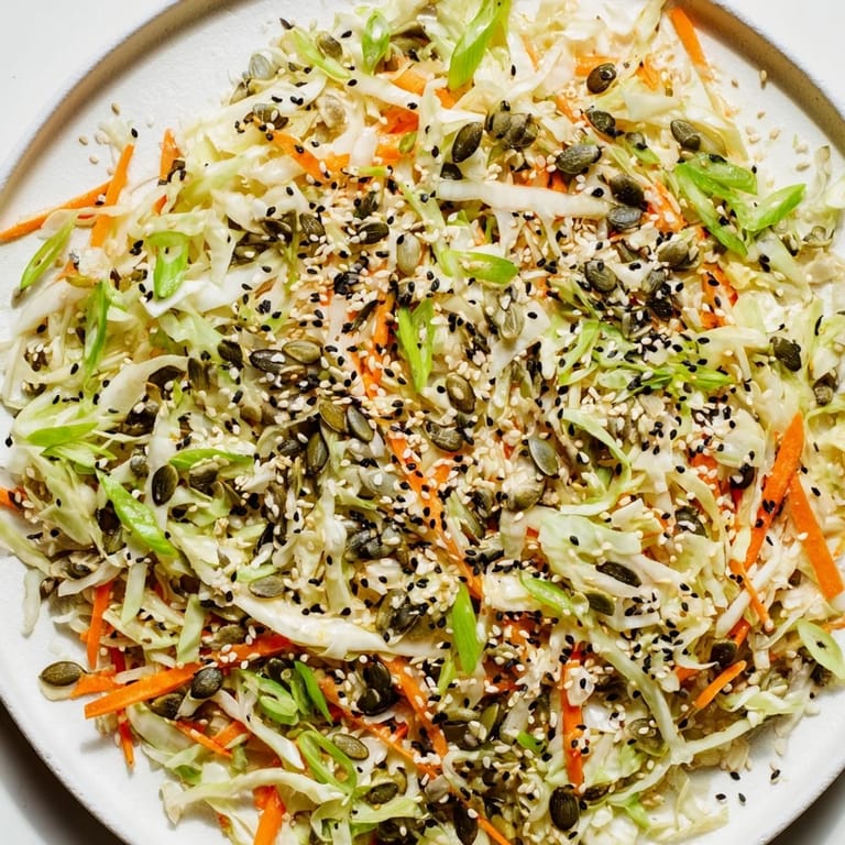 A brightly colored bowl of Cabbage-Core Slaw Salad, with toasted seeds, promises a delightful crunch.
