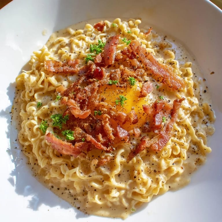 Perfectly cooked Ramen Carbonara hack, a comforting fusion dish with Parmesan and fresh parsley garnish.