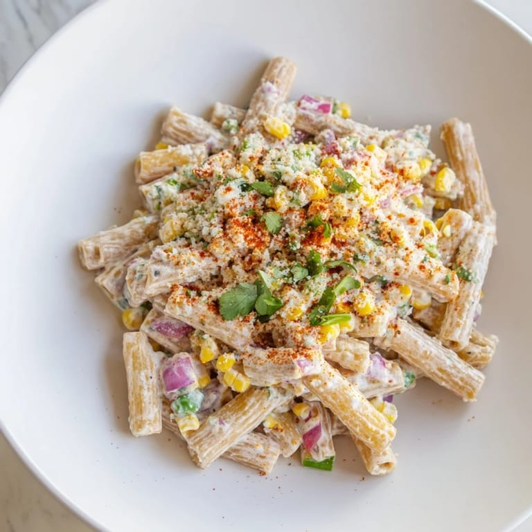 Freshly made Mexican Street Corn Pasta, with visible corn kernels, red pepper, and crumbled cotija cheese topping.