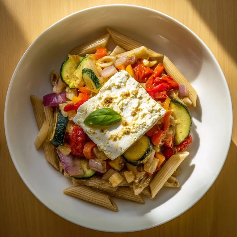 Creamy baked feta pasta with vibrant roasted cherry tomatoes, a hearty vegetarian meal.