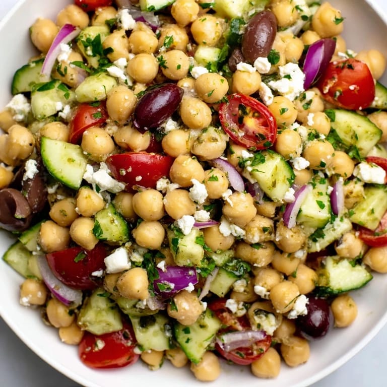 Close-up of a refreshing Mediterranean Chickpea Salad, showcasing juicy tomatoes, olives, and crumbled feta cheese.