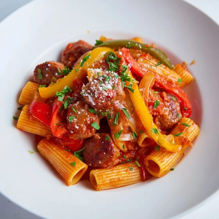 Close-up of a rustic plate filled with Sausage and Peppers Pasta, ready to savor and enjoy.