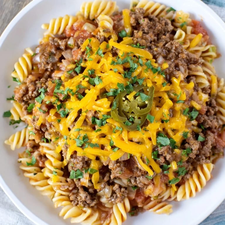 Flavorful Beef Taco Pasta Skillet with tender pasta, ground beef, and melted cheddar cheese, ready to serve.