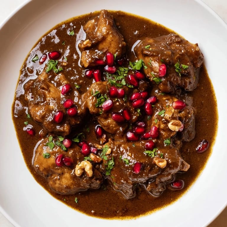 A steaming bowl of Iranian Fesenjan Stew: the complex savory flavors and tempting aroma are irresistible.