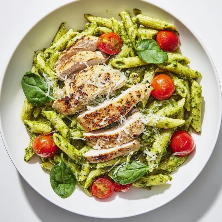 Creamy, basil-infused Pesto Chicken Pasta served with fresh parmesan and fragrant basil garnishes.