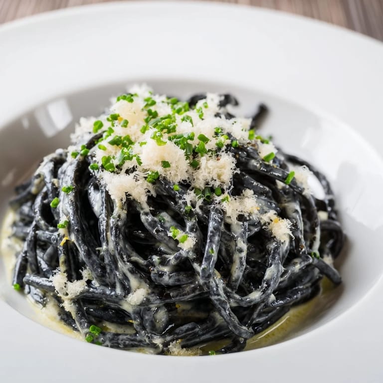 Elegantly plated Squid Ink Pasta with its jet-black strands, a truly impressive pasta dish.