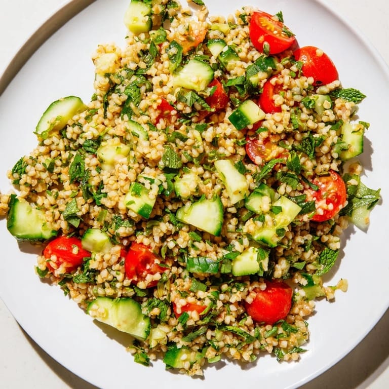 Vibrant bulgur wheat salad Tabbouleh, a Middle Eastern delight, ready to be served.
